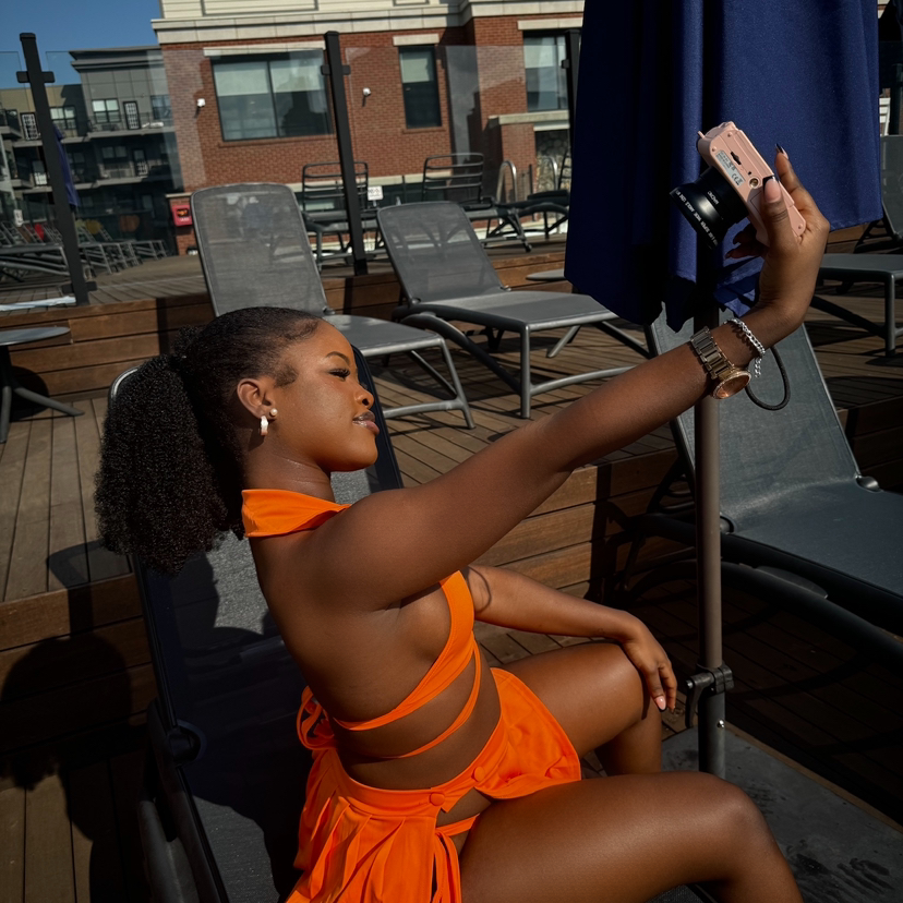 Orange 3 Piece Bikini Set with Sheer Cover Up Skirt